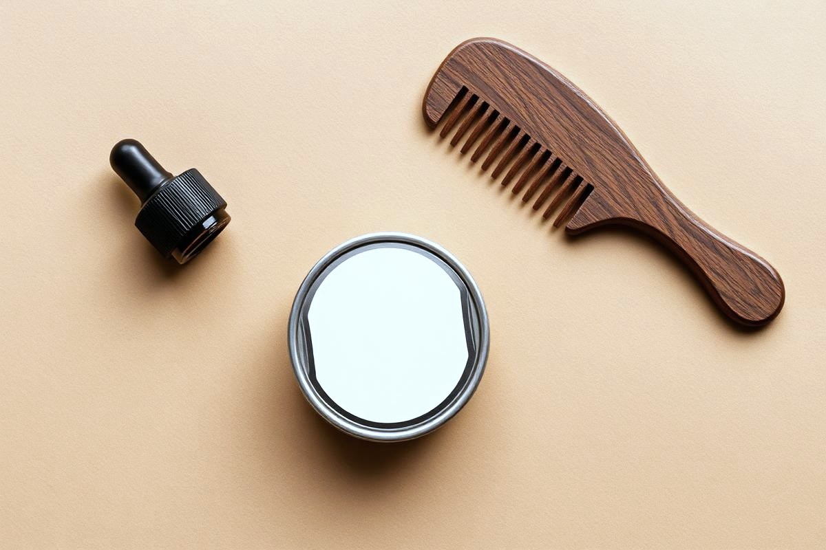 Oil, balm tin and comb laid out on paper